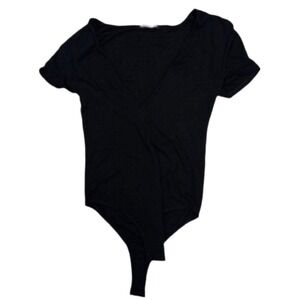 Mind Code Black Bodysuit V-Neck Short Sleeve Casual Top SKUW169